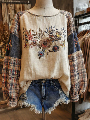 Retro Boho Floral With Plaid Patchwork Pattern Women's Top