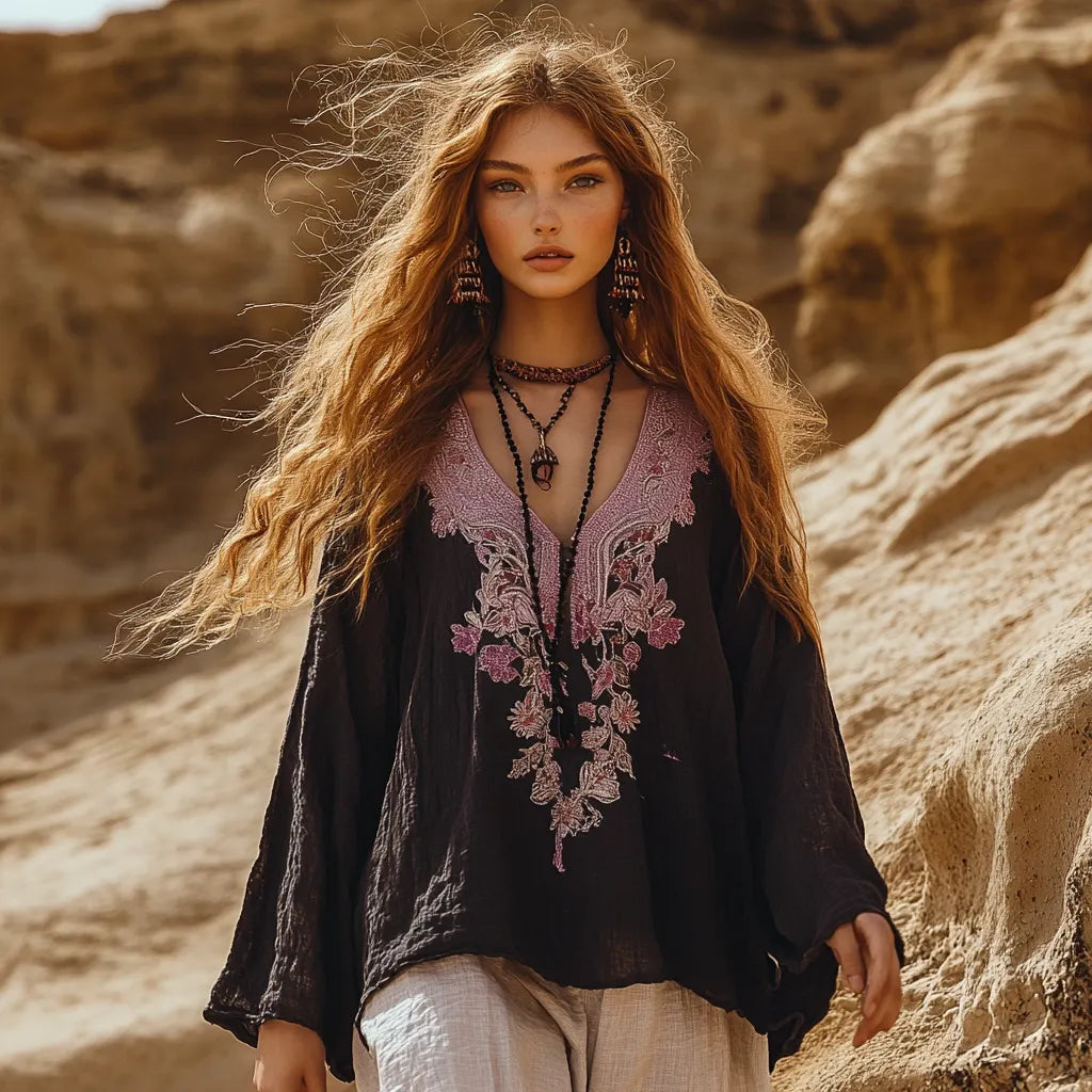 Desert Style Holiday Bohemian Vintage Linen Casual Top