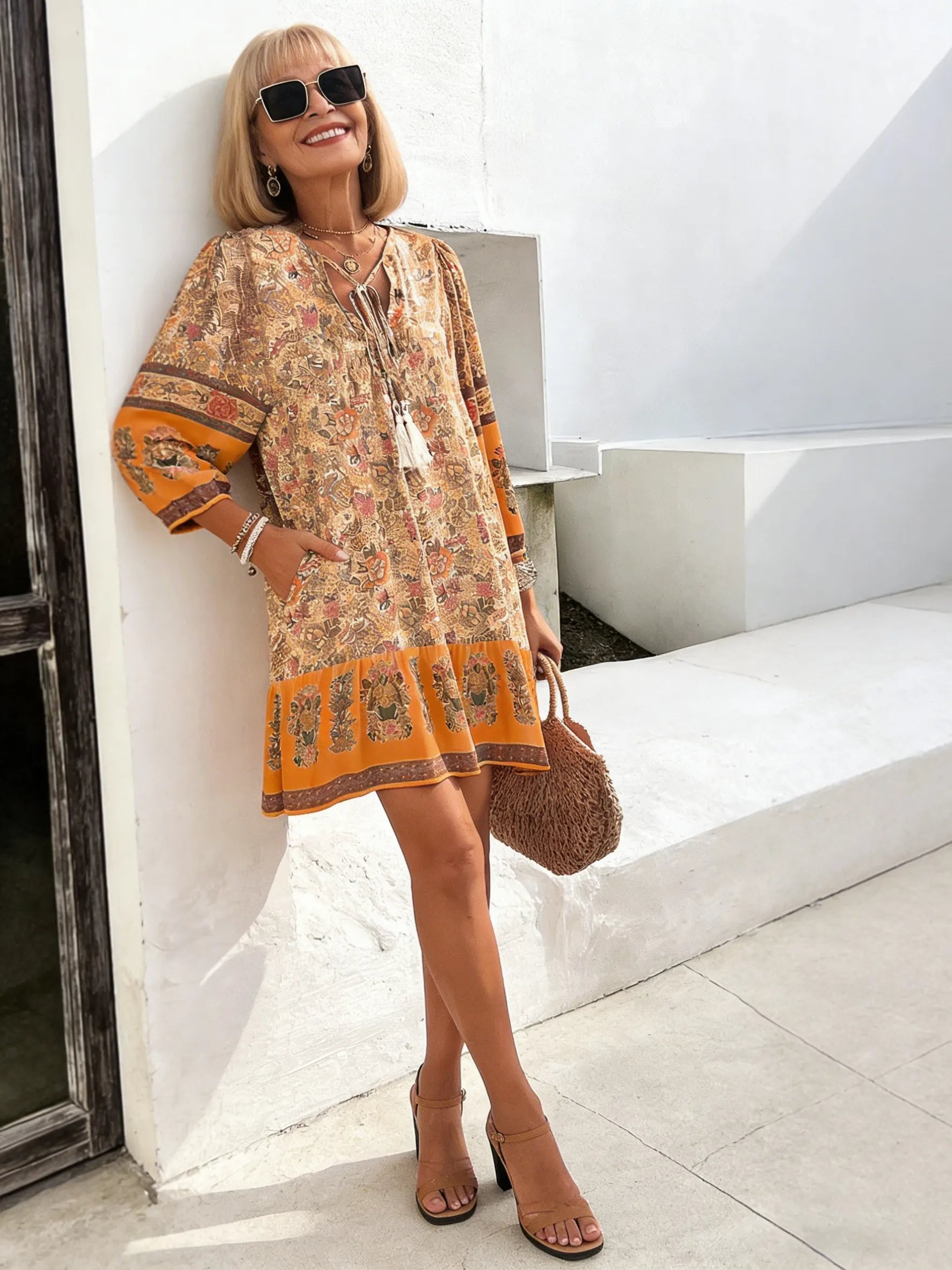 Vacation Dress Printed Shirt Casual Bohemian Vacation V-Neck Dress