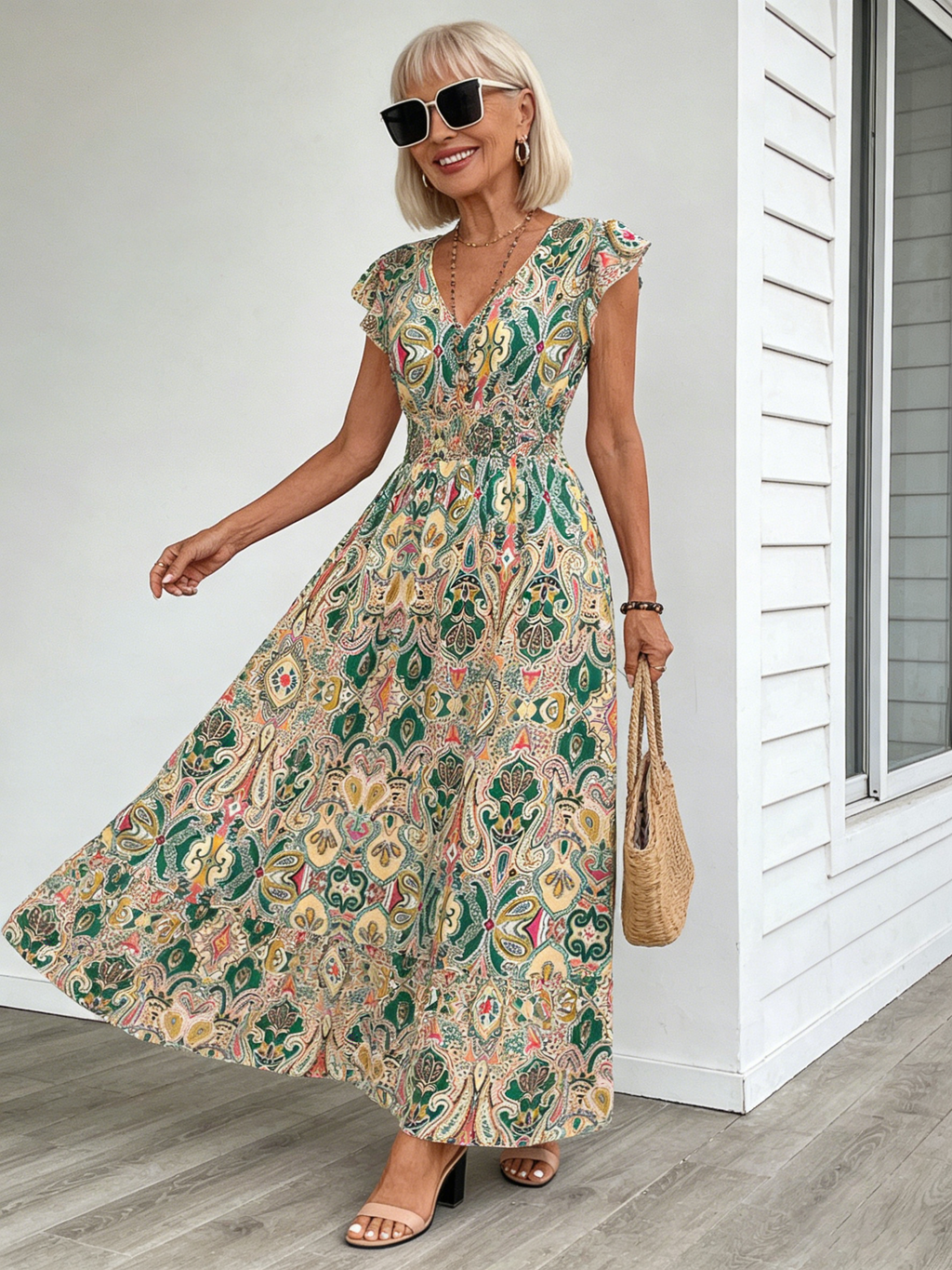 Boho Printed V-neck Ruffle Edge Long Dress