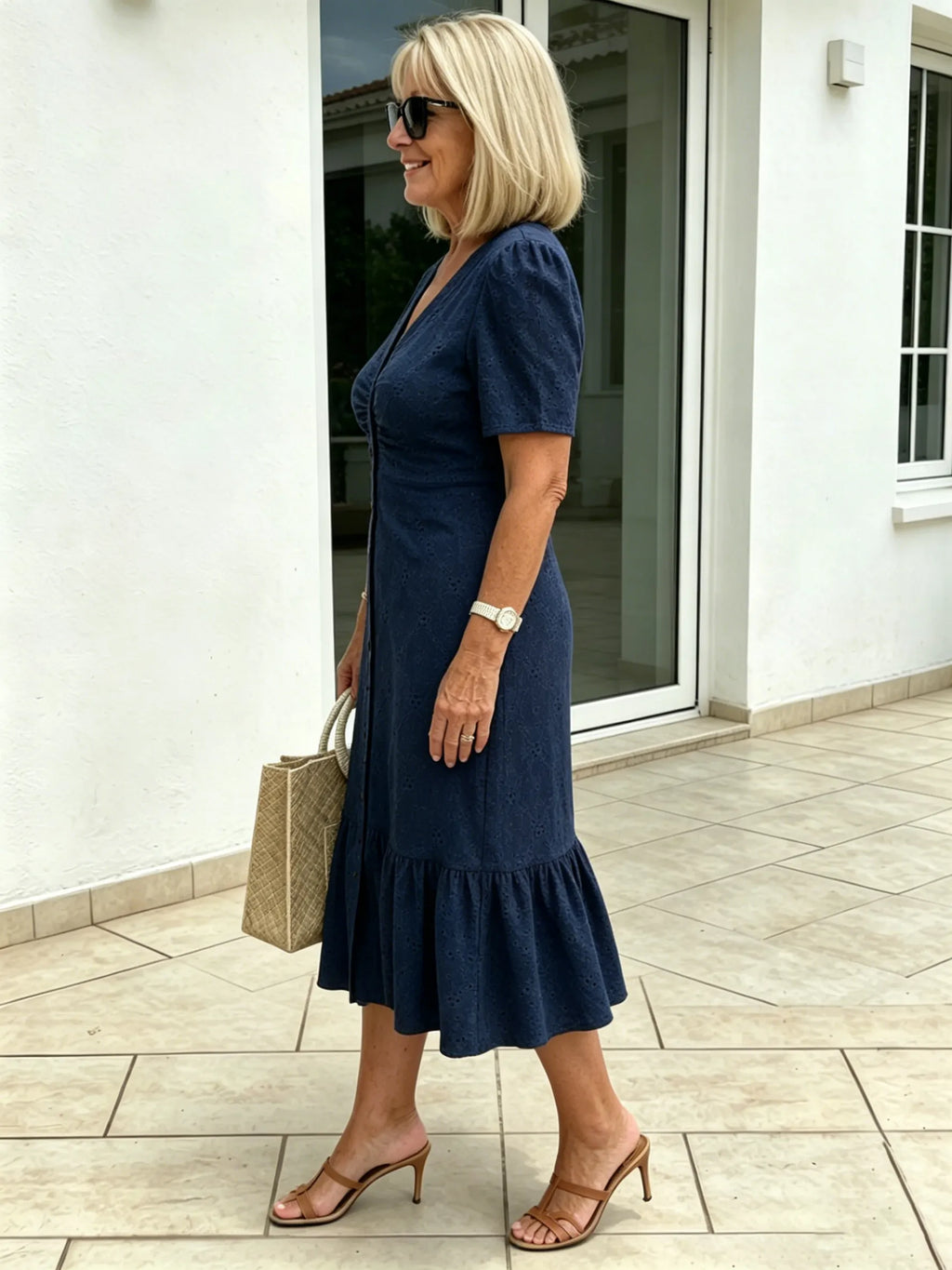 Textured Fabric Hollow Fabric Fashion Dress Short Sleeve Solid Color
