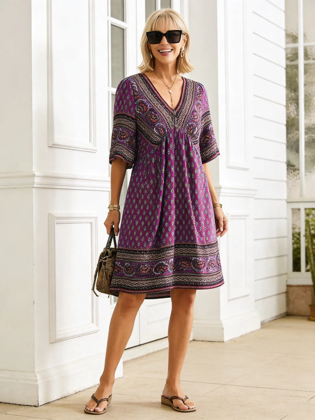 Vacation Deep V Print Casual Ethnic Style Dress