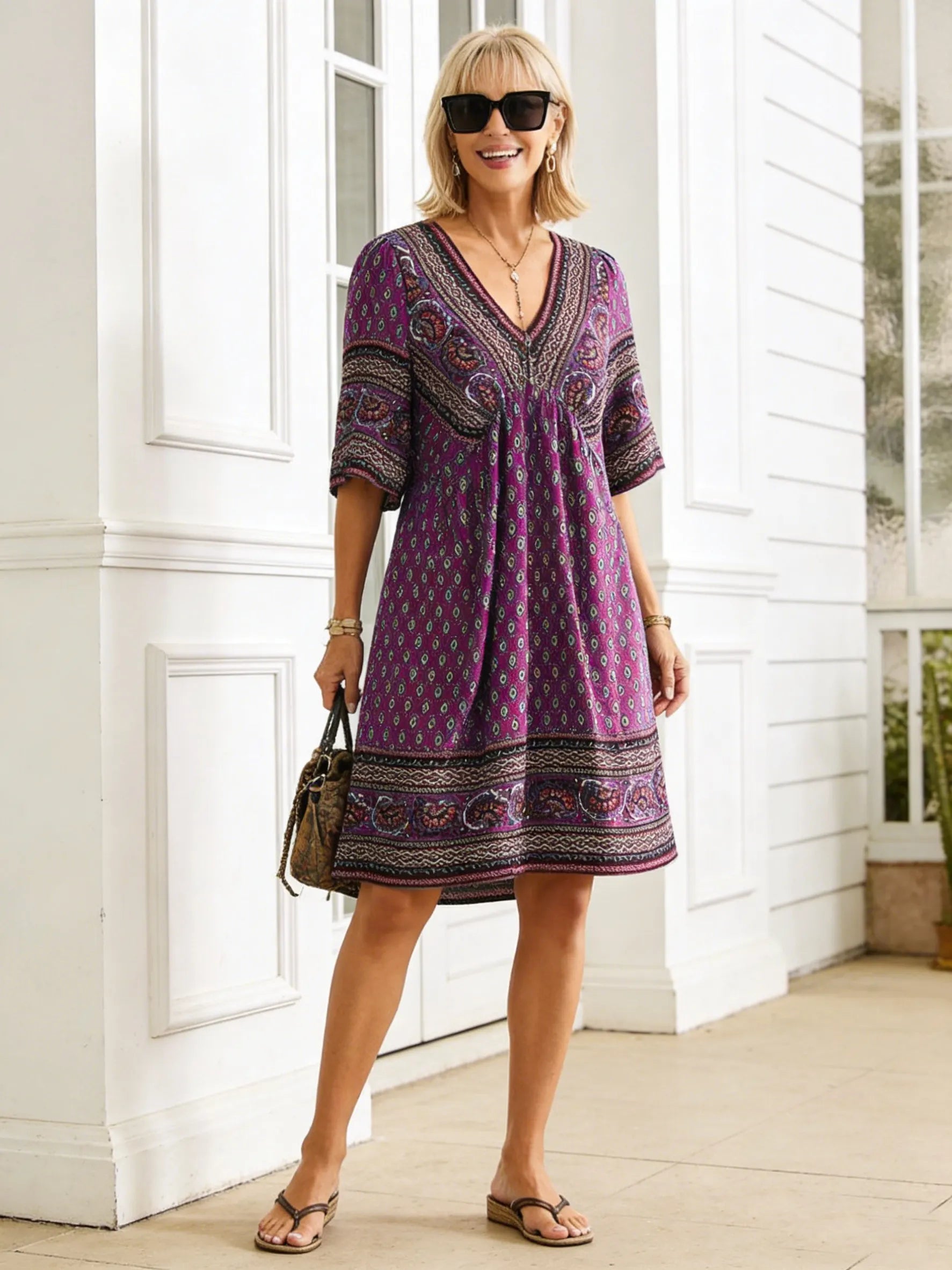 Vacation Deep V Print Casual Ethnic Style Dress
