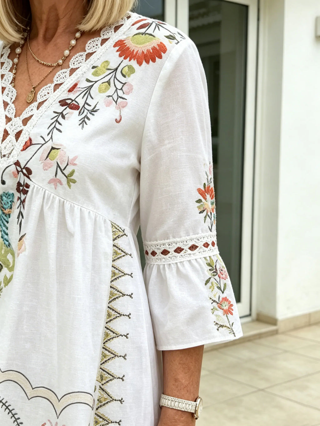 V-neck Printed Lace Stitching Bohemian Casual Vacation Style Dress