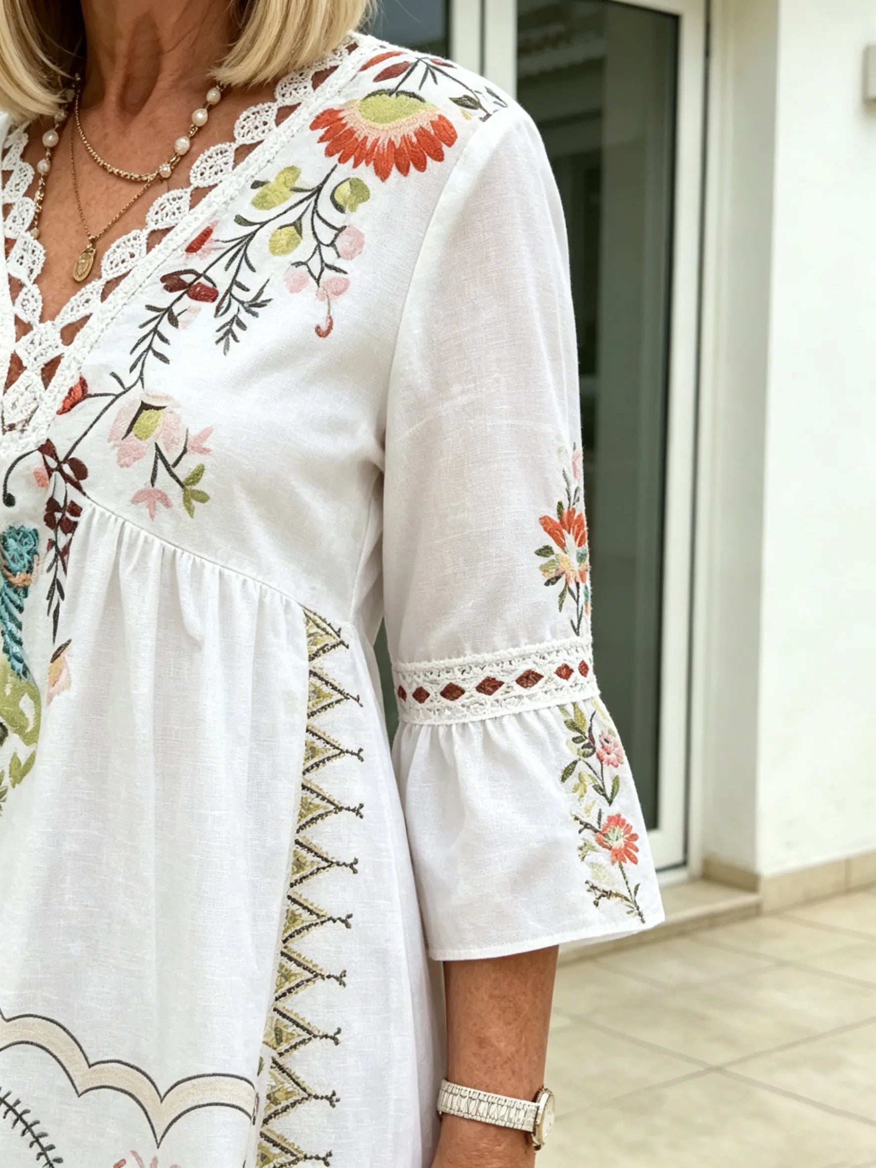 V-neck Printed Lace Stitching Bohemian Casual Vacation Style Dress