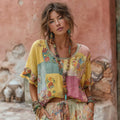 Women's Bohemian Floral Embroidery Patchwork Art Round Neck Linen Blend T-shirt