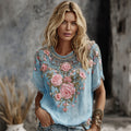 Women's Vintage Floral Embroidered Art Flowy Linen Blend Short Sleeve Casual Tops
