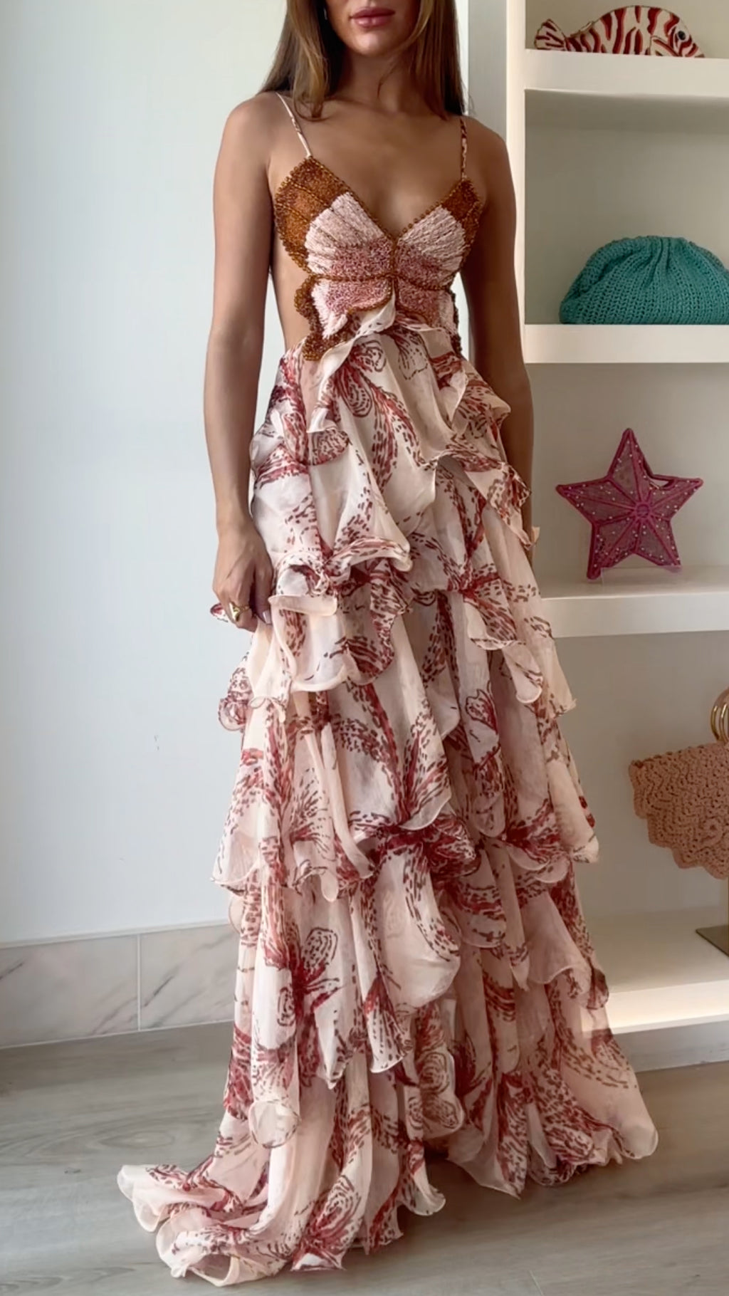 Butterfly Beaded Ruffled Floral Maxi Gown