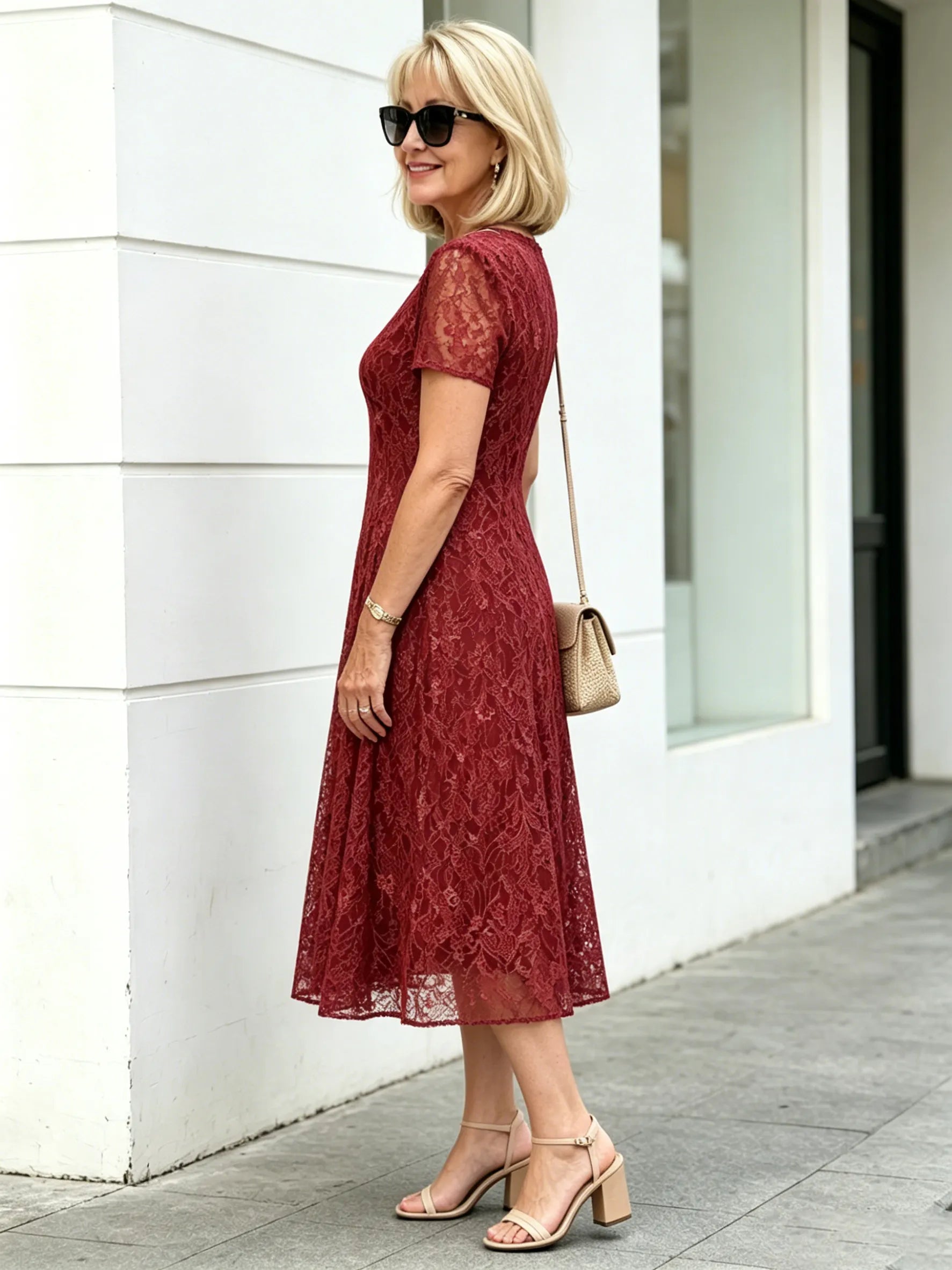 Red Floral Lace Midi Dress, V-Neck Short Sleeve Cinched Waist Slimming Dress for Mature Women
