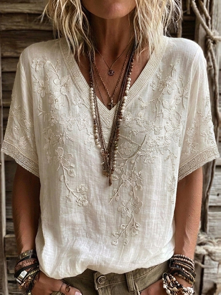 Women's Retro Floral Cotton Linen Crew Neck T-shirt