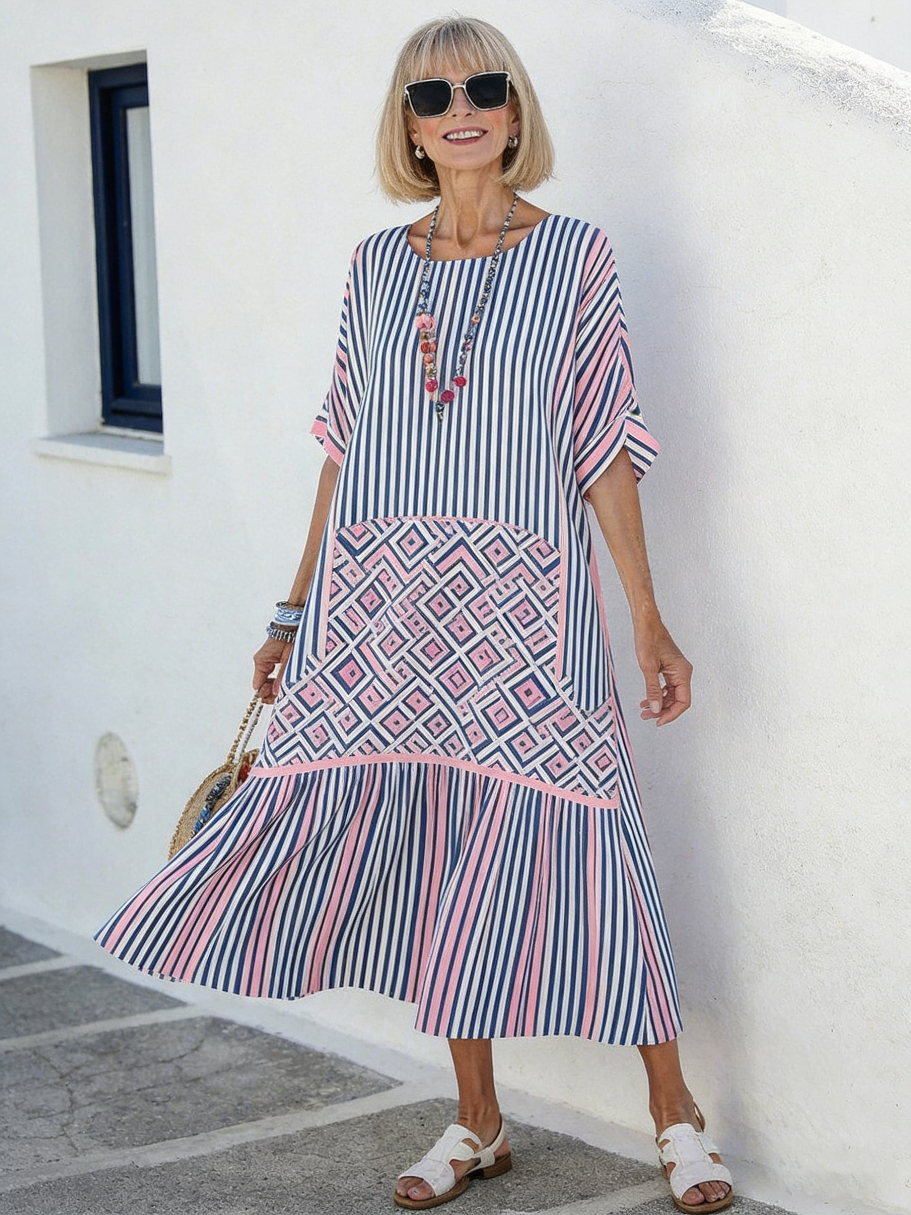 Vacation Casual Round Neck Half Sleeve Pullover Digital Printing Women's Dress Long Dress