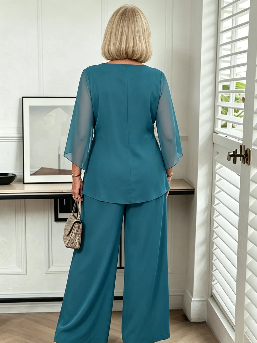 2Pcs Light Blue Chiffon 2 Piece Outfit, Irregular Twist Flare Sleeve Top & Wide Leg Pants Set for Mature Women
