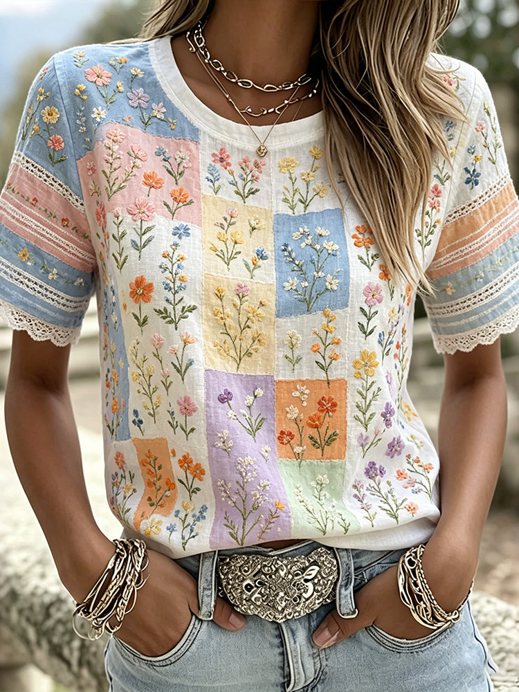 Women's Colorful Floral Art Embroidery Patchwork Linen Blend Round Neck Short Sleeve Top