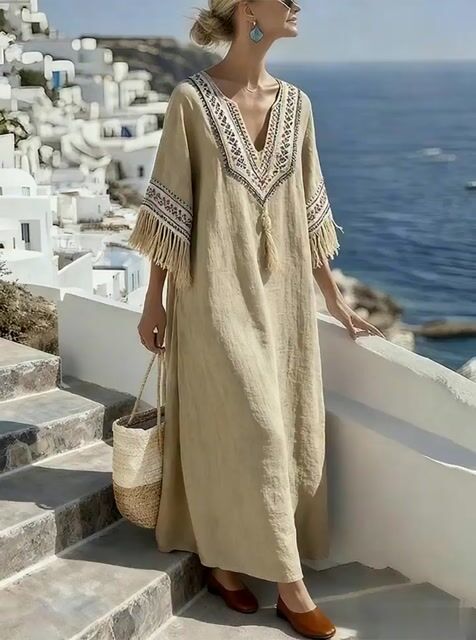 Women'S Casual Color-Block Cotton And Linen Dress