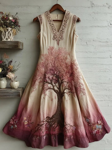 Women's Tree Of Life Pink Ribbon Embroidery Tank Maxi Dress