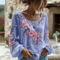 Women's Cherry Blossom Print Crew Neck Long Sleeve Linen Blend T-shirt