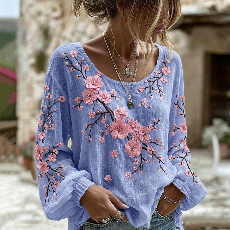 Women's Cherry Blossom Print Crew Neck Long Sleeve Linen Blend T-shirt