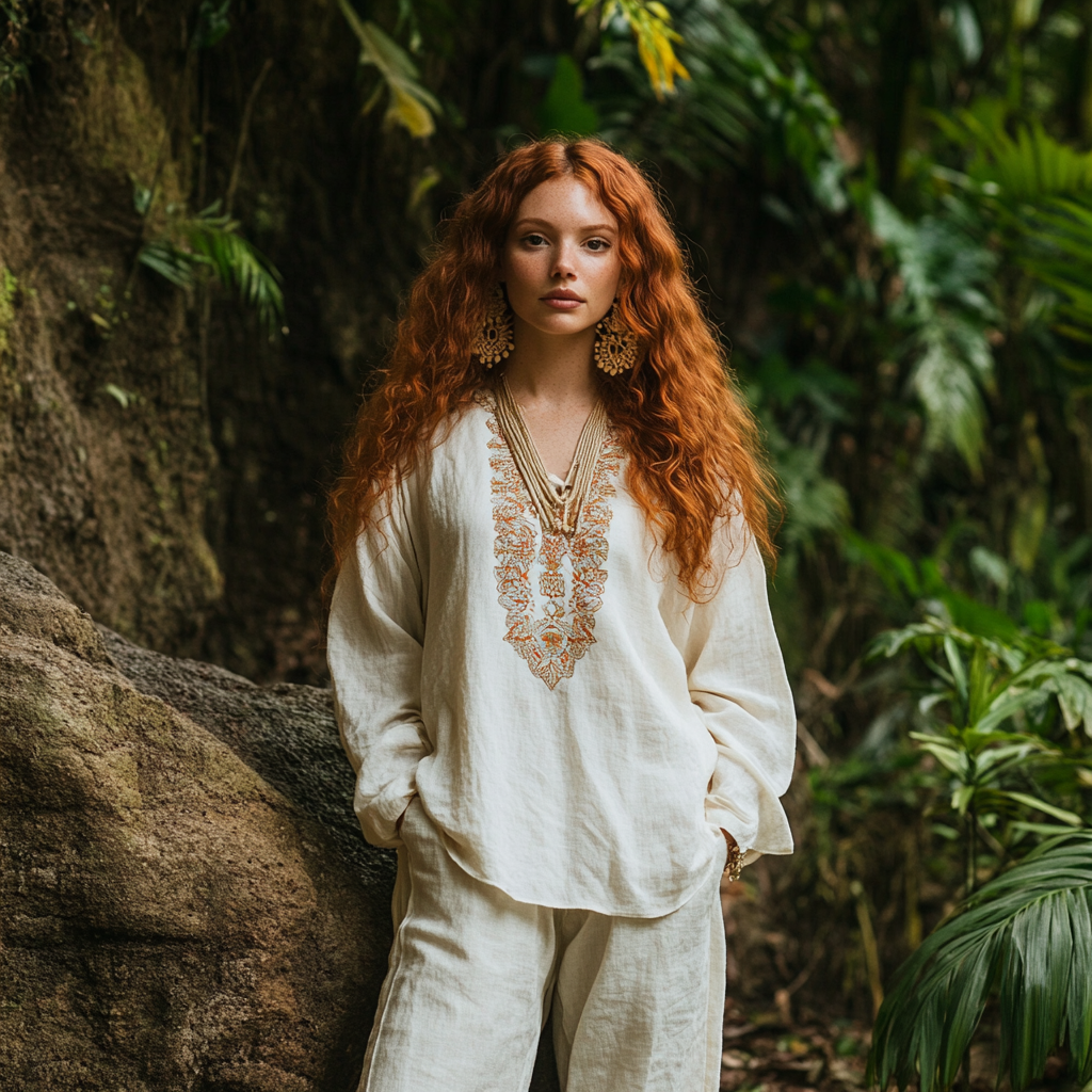 Bohemian Holiday Style Vintage Embroidered Print Casual Long-sleeved Top