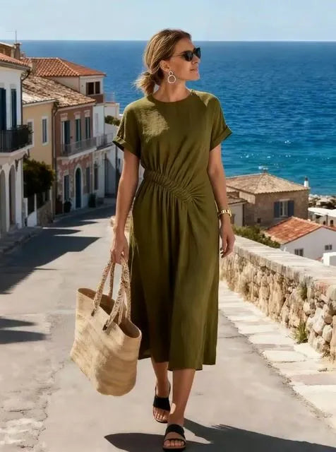 Women's Round Neck Pleated Short-Sleeved Casual Dress