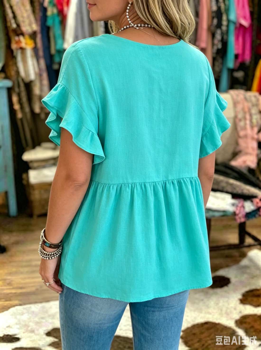 Linen Blend V-neck Ruffle Blouse In Aqua