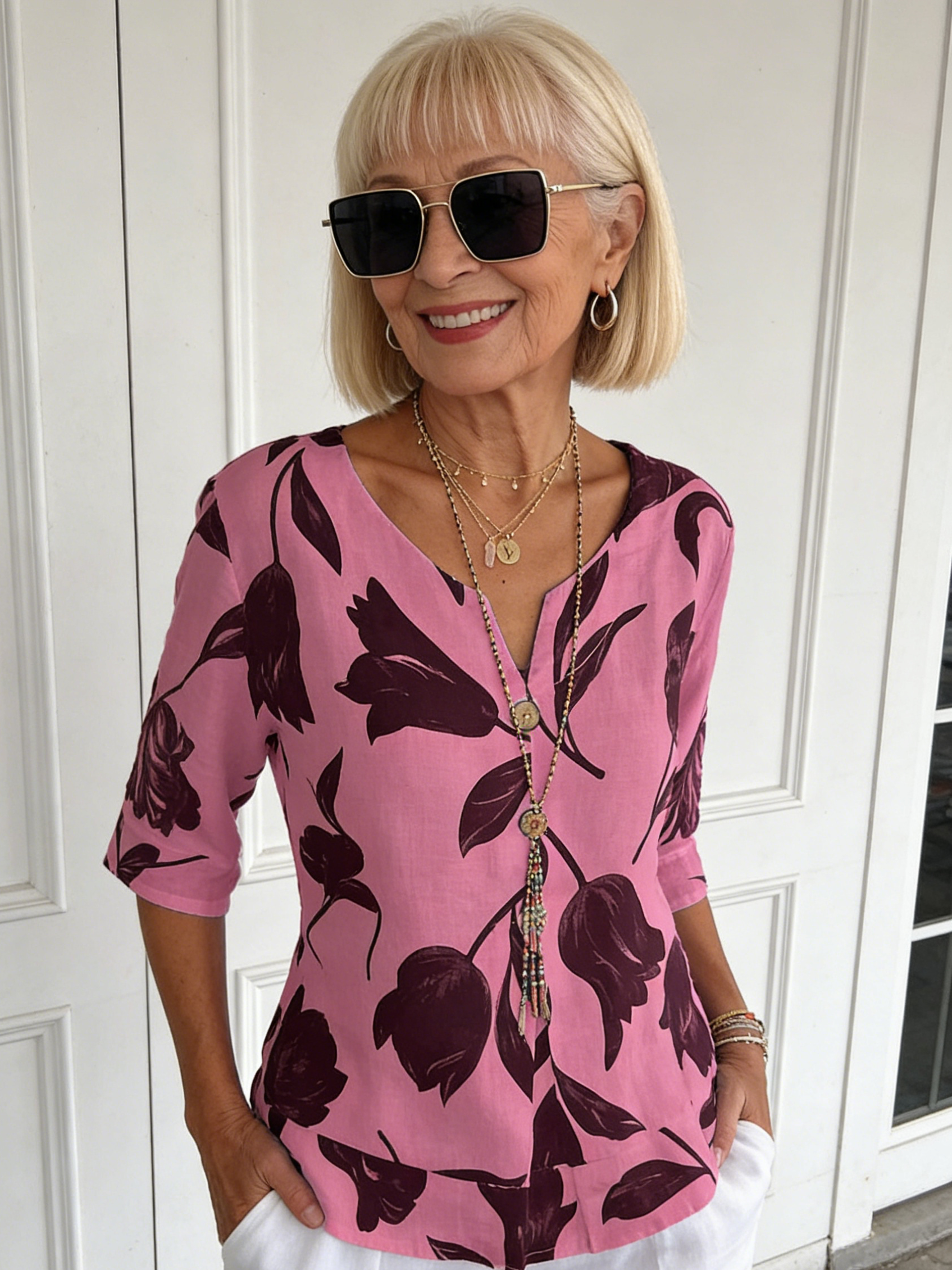 Printed V-neck Tunic Top