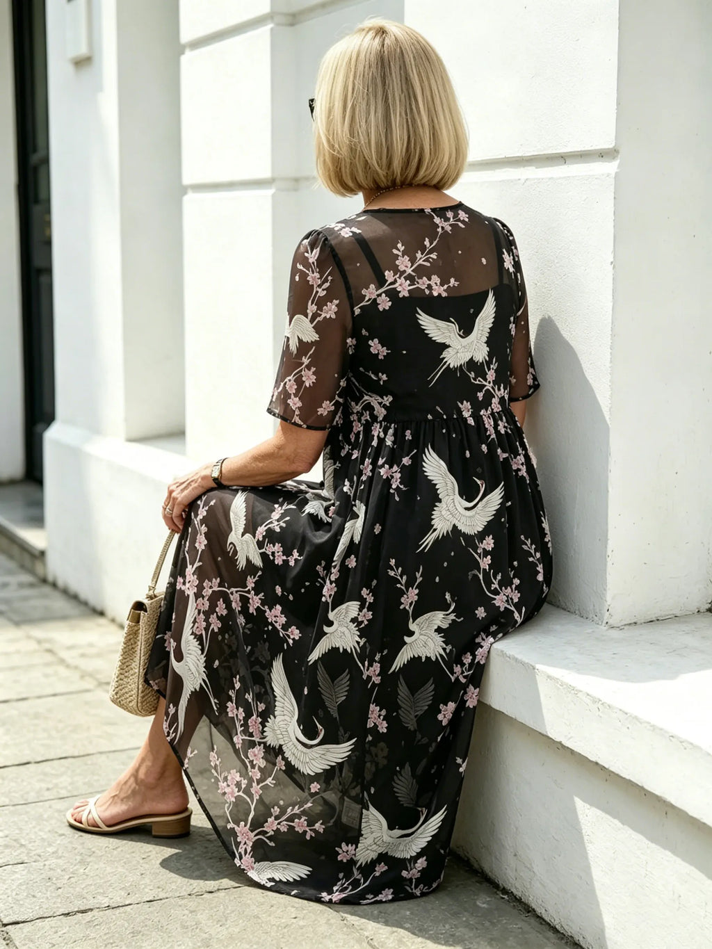 Blush Pink Floral Chiffon Maxi Dress, Round Neck Short Sleeve Loose Tummy Concealing Age-Reducing Dress for Mature Women