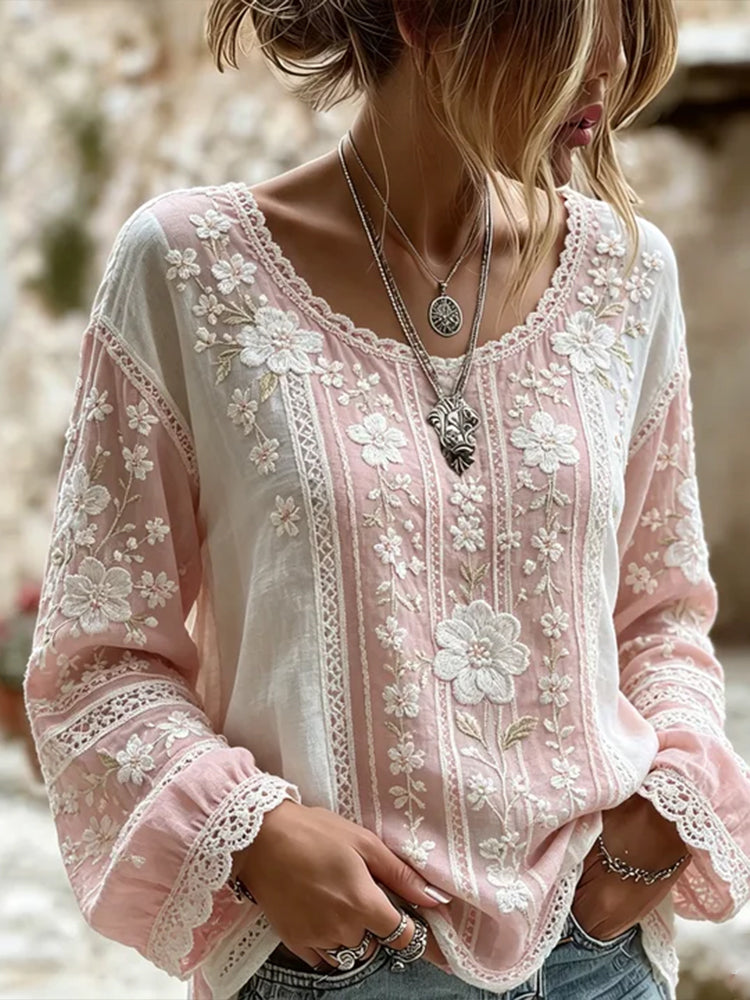 Vintage White Floral Art & Lace Art Pink & White Striped Cotton Linen Loose Round Neck Long Sleeve Top