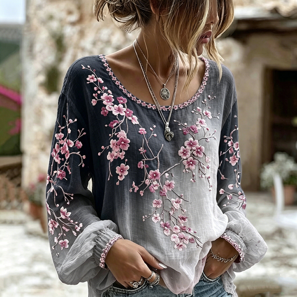 Women's Retro Sakura Gradient Art Round Neck Long Sleeve T-shirt