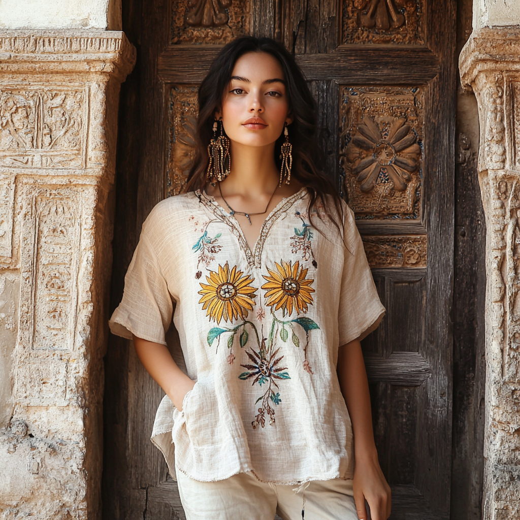 Women's Floral Embroidery Casual Cotton And Linen T-shirt