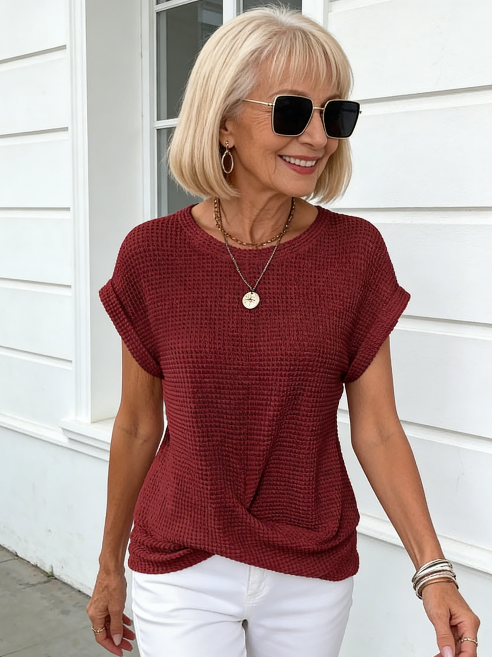 Textured Fabric Crew Neck T-Shirt Elegant Short Twist Hoop Top Women's Cross