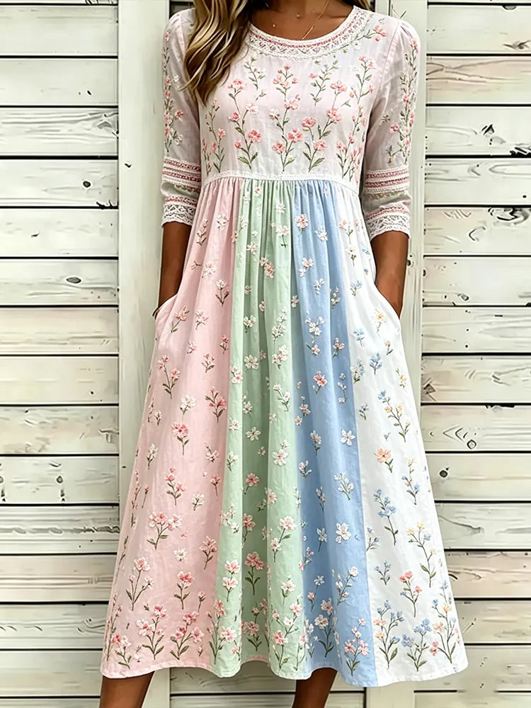 Women's Retro Rose Art Embroidery Color Block Splicing Comfortable Cotton Linen Round Neck Dress