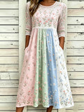 Women's Retro Rose Art Embroidery Color Block Splicing Comfortable Cotton Linen Round Neck Dress