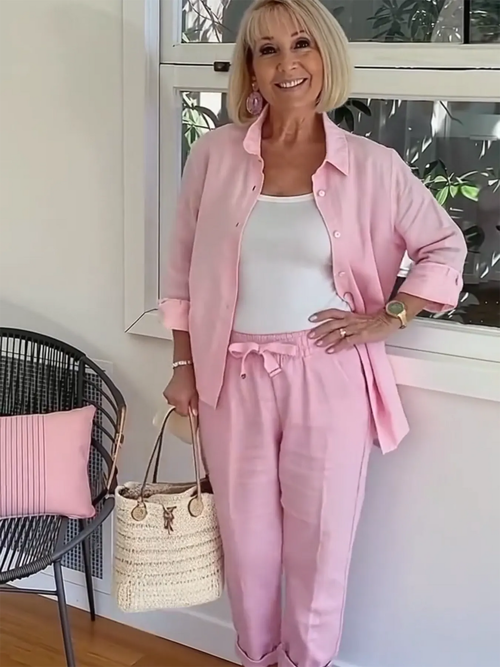 PINK LINEN SUITS Minimalist Two-piece Shirt Pants Set