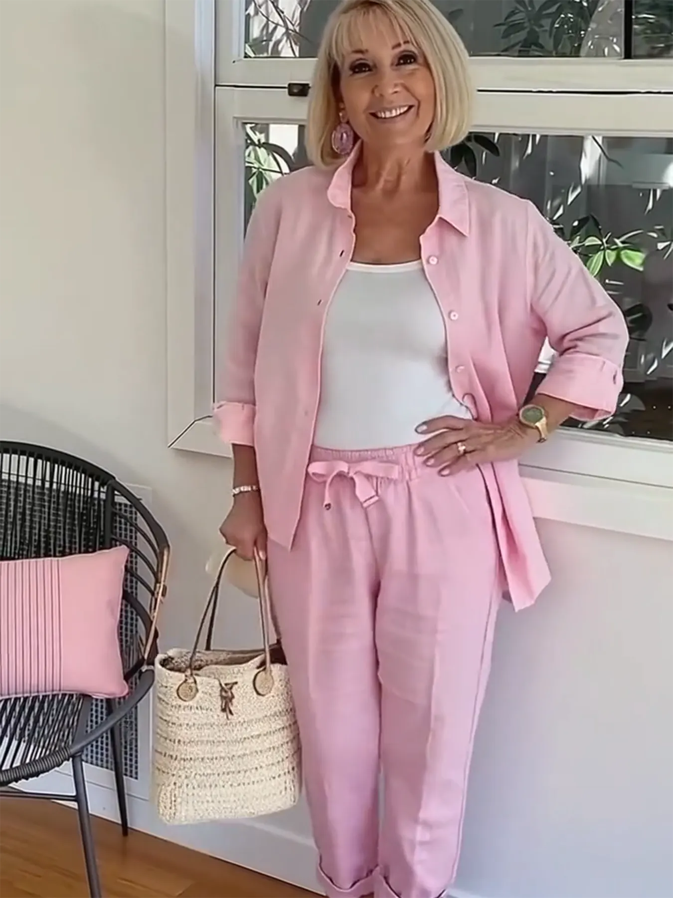 PINK LINEN SUITS Minimalist Two-piece Shirt Pants Set