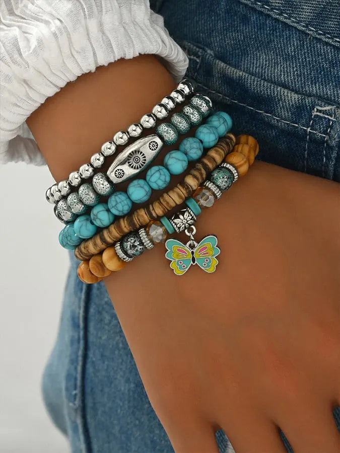 Women's Bohemian Turquoise Wood Beads Alloy Accessories Elastic Wire Bracelet