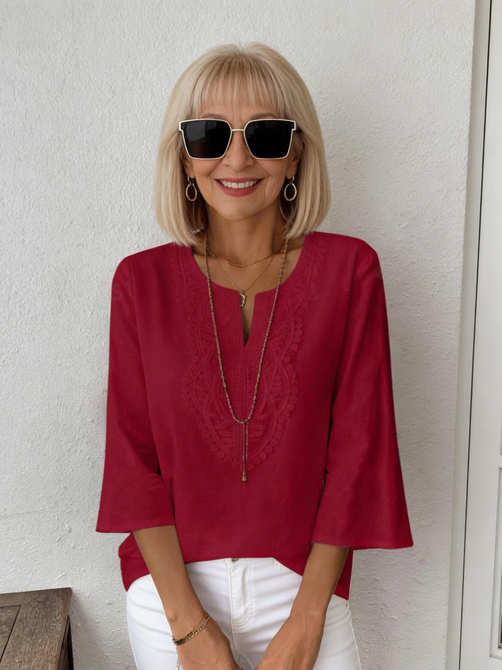Women's Loose Solid Color V-Neck Lace Edge Shirt