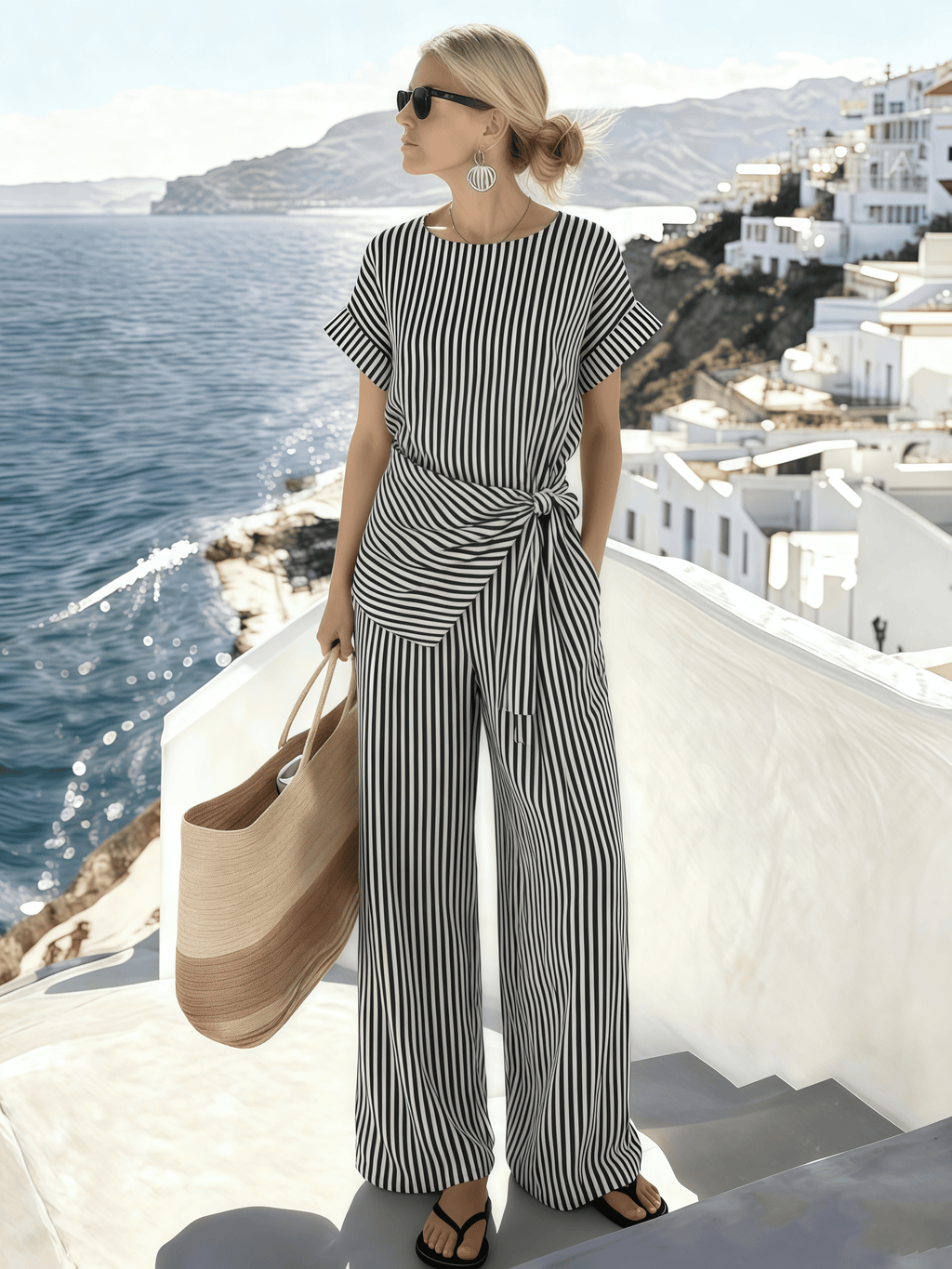 Women's Round-Neck Striped Jumpsuit
