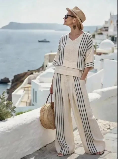 Women'S Casual V-Neck Printed Wide-Leg Pants Set