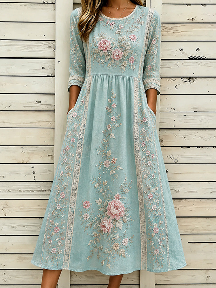 Women's Vintage Rose Floral Art Flowy Linen Round Neck Dress