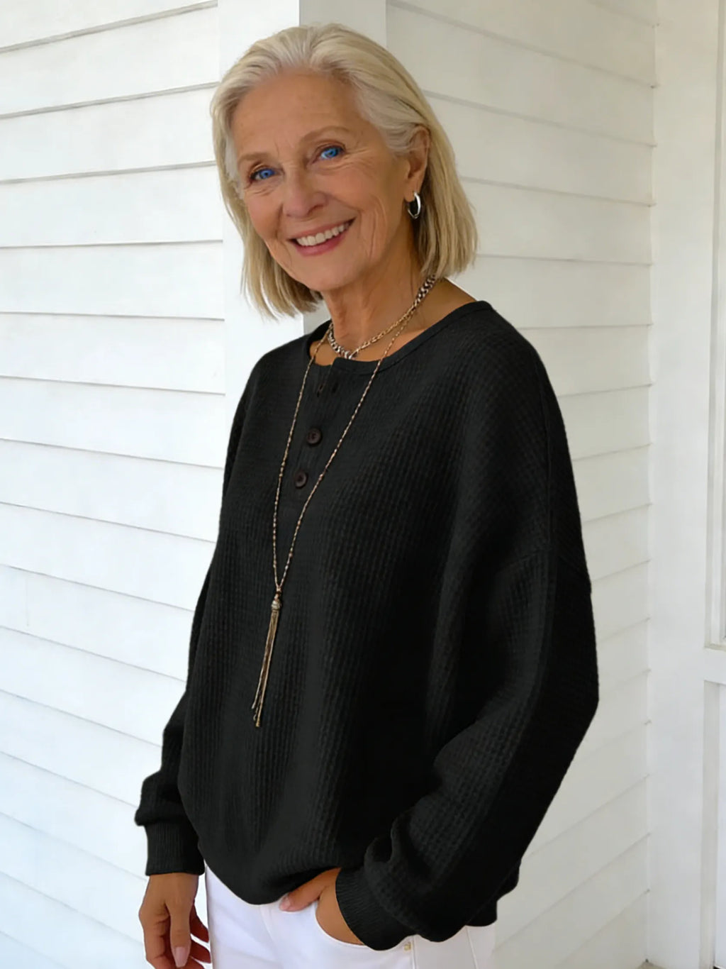 Crew Neck Waffle Solid Color Pullover Loose Top