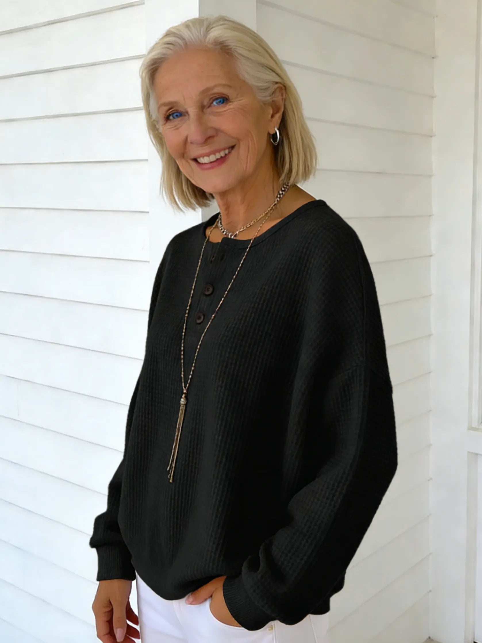 Crew Neck Waffle Solid Color Pullover Loose Top