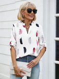 V-neck Feather Print Seven-quarter Sleeve Loose Shirt