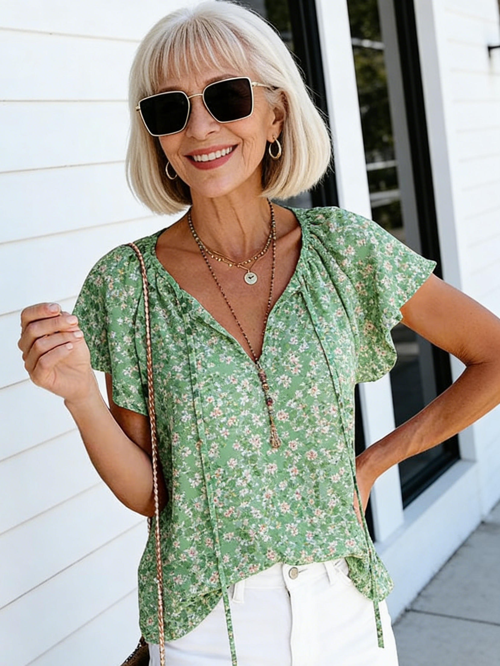 Vibrant Floral Short Sleeve Ruffle Tops - Loose Fit, V Neck, Casual, Boho Chic, Summer & Fall Essential - Womens Blouses for Everyday Wear