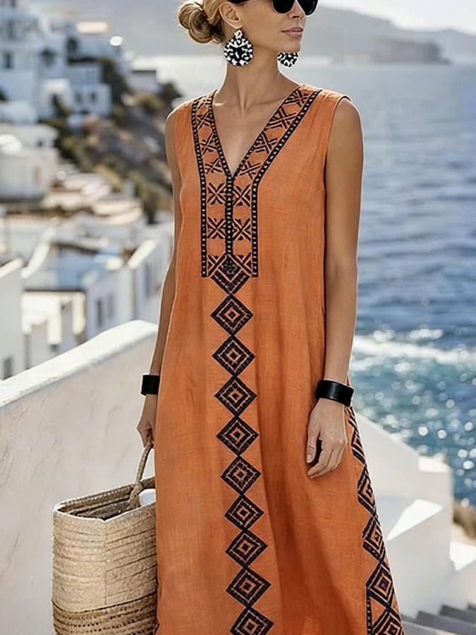 Women'S Casual Color-Block Cotton And Linen Dress