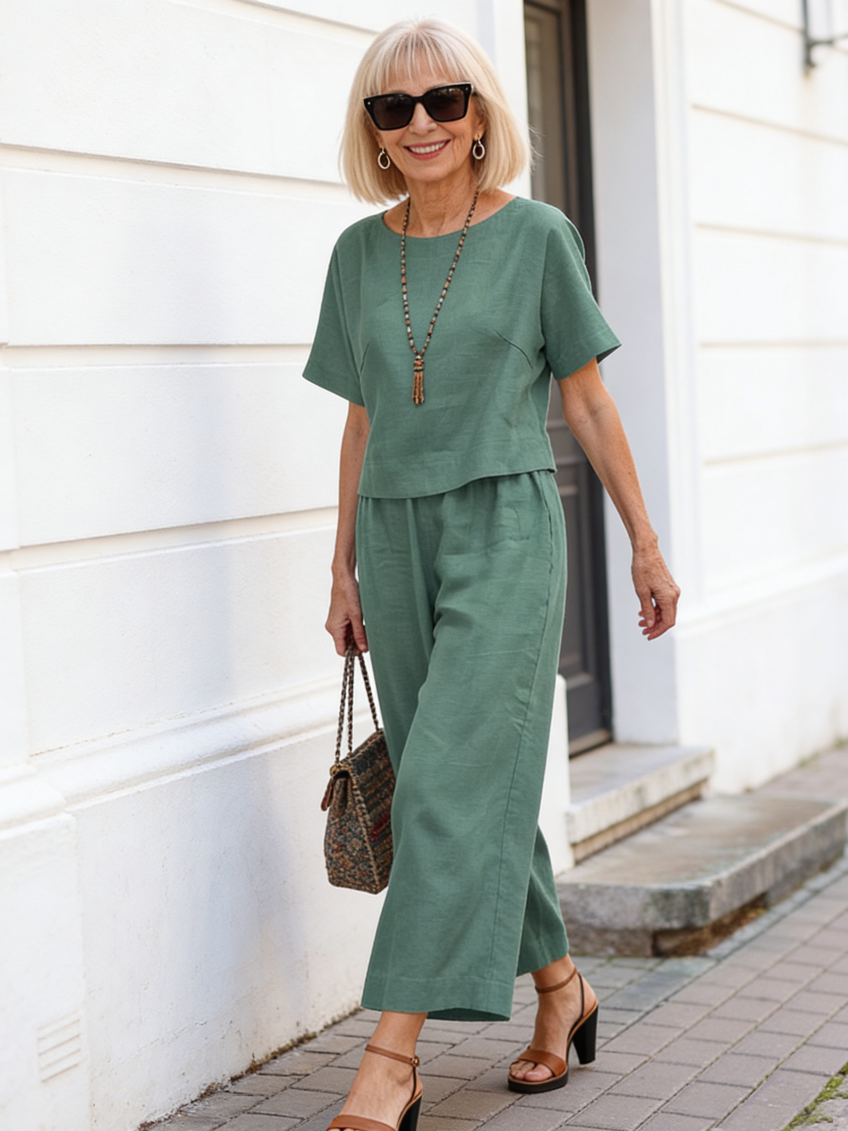 Linen Casual Loose Solid Color Suit Two Piece Set