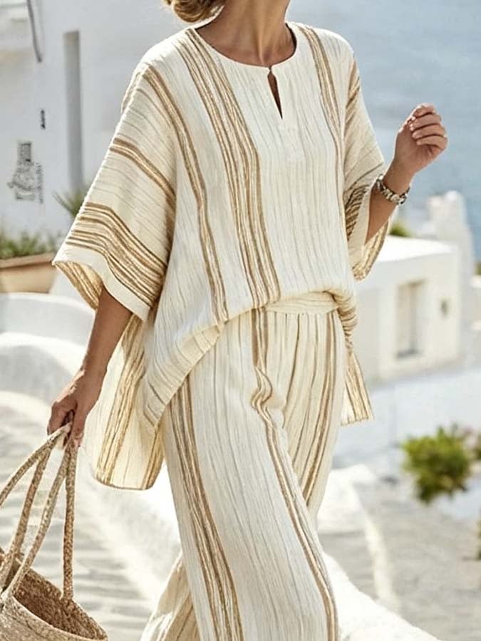 Women'S Casual Striped Color-Block Wide-Leg Pants Set