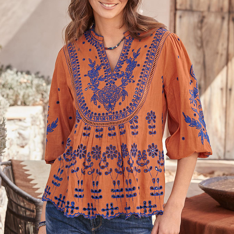 Women's Vintage Loose Bubble Sleeves Floral Embroidered Orange Top Shirt