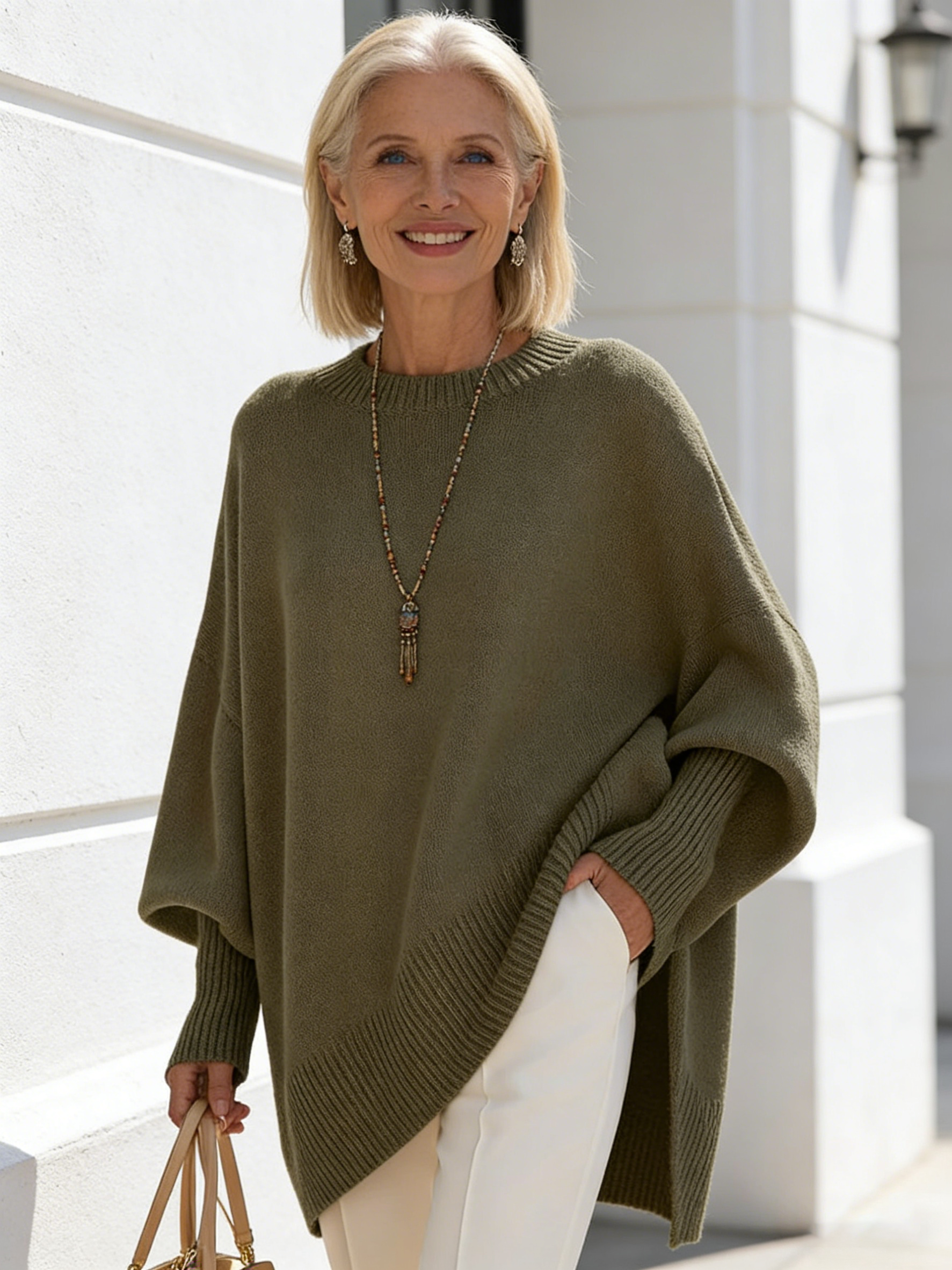 Crew Neck Pullover Knitted Sweater Women's Loose Lazy Style Solid Color Women's Sweater