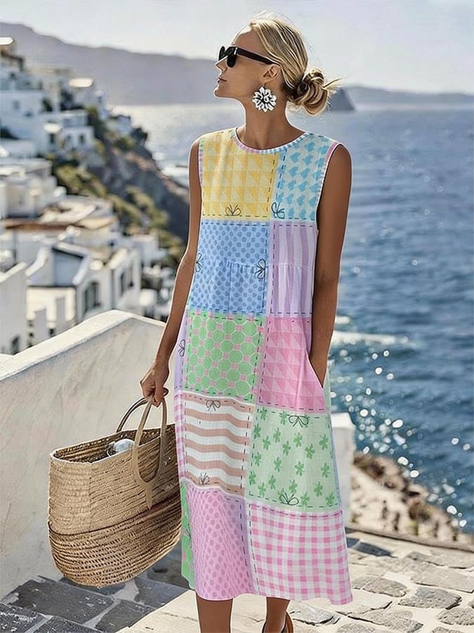 Women'S Round Neck Sleeveless Color-Block Printed Dress
