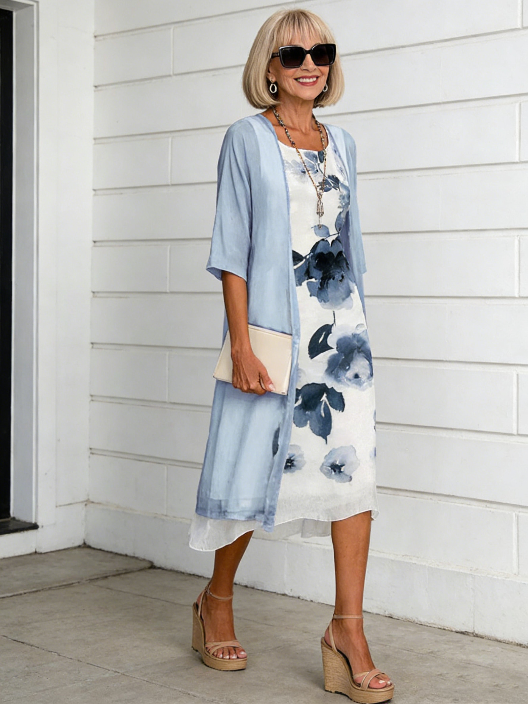 Casual Dress Two-piece Printed Round Neck Slim Dress Women